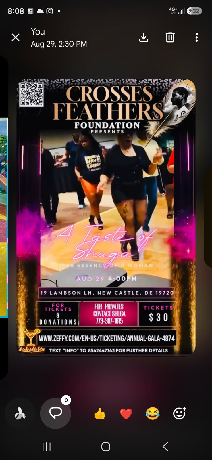 Event flyer for A Taste of Shuga, presented by Crosses Feathers Foundation in New Castle, Delaware on August 29.
